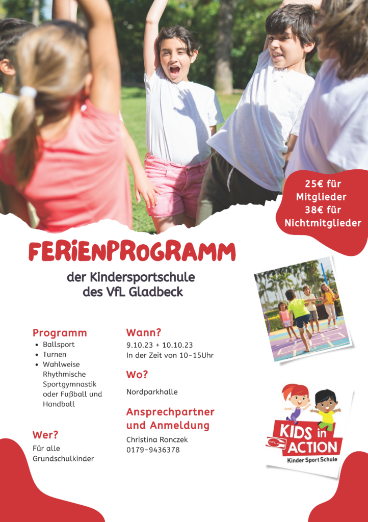 Ferienspaß für Kinder: Das Ferienprogramm der Kindersportschule für den 09.+10.10.23.
Jetzt anmelden bei Christian Ronczek!